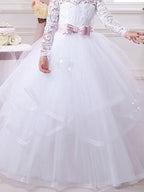 Vestido de gala de algodón, manga larga, encaje y tul para niña de las flores de la primera comunión