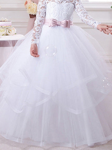 Ball Gown Cotton Long Sleeve Lace Tulle First Communion Flower Girl Dresses