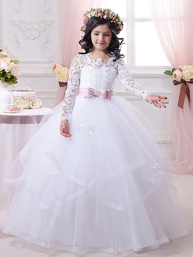 Vestido de gala de algodón, manga larga, encaje y tul para niña de las flores de la primera comunión