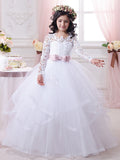 Vestido de gala de algodón, manga larga, encaje y tul para niña de las flores de la primera comunión