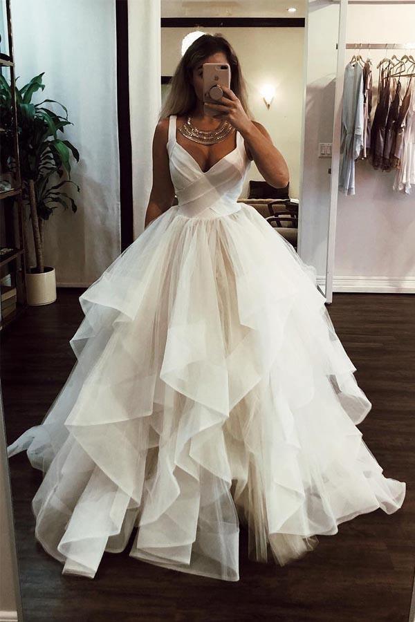 Robe de bal élégante en tulle à volants cascade, longueur au sol, modèle WD346