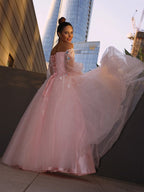 Robe de bal longue en tulle fleuri fait main, manches longues, épaules dénudées