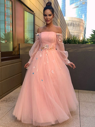 Robe de bal longue en tulle fleuri fait main, manches longues, épaules dénudées