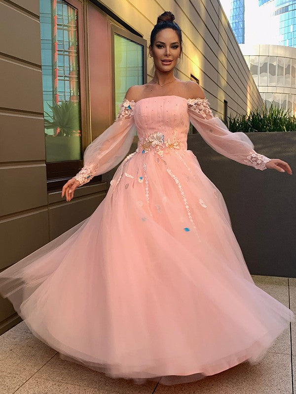 Robe de bal longue en tulle fleuri fait main, manches longues, épaules dénudées