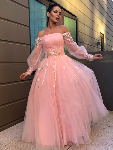 Robe de bal longue en tulle fleuri fait main, manches longues, épaules dénudées