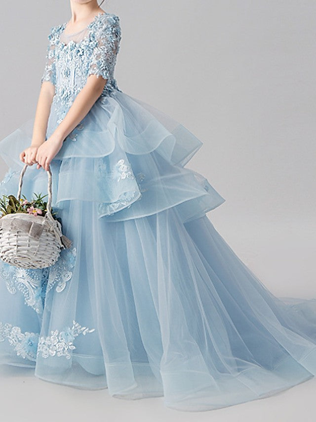 Robe de bal à col rond et traîne balai, robe de demoiselle d'honneur à manches longues