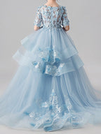 Robe de bal à col rond et traîne balai, robe de demoiselle d'honneur à manches longues