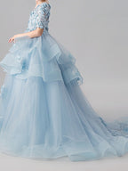 Robe de bal à col rond et traîne balai, robe de demoiselle d'honneur à manches longues