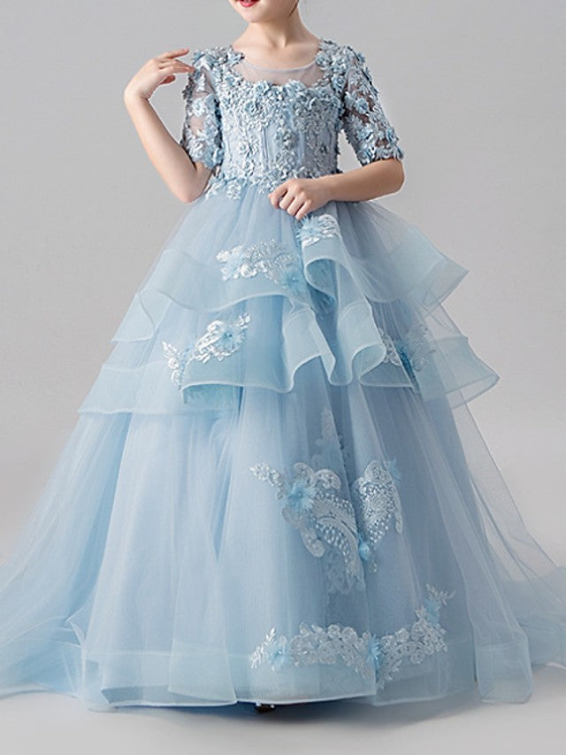 Vestidos de niña de las flores para concursos de belleza, con cuello joya, cola de barrido y mangas.