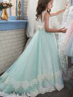 Vestidos de gala con cuello joya para bodas, eventos y fiestas, vestidos de niña de las flores con apliques y bloques de color.
