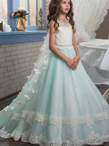 Vestidos de gala con cuello joya para bodas, eventos y fiestas, vestidos de niña de las flores con apliques y bloques de color.