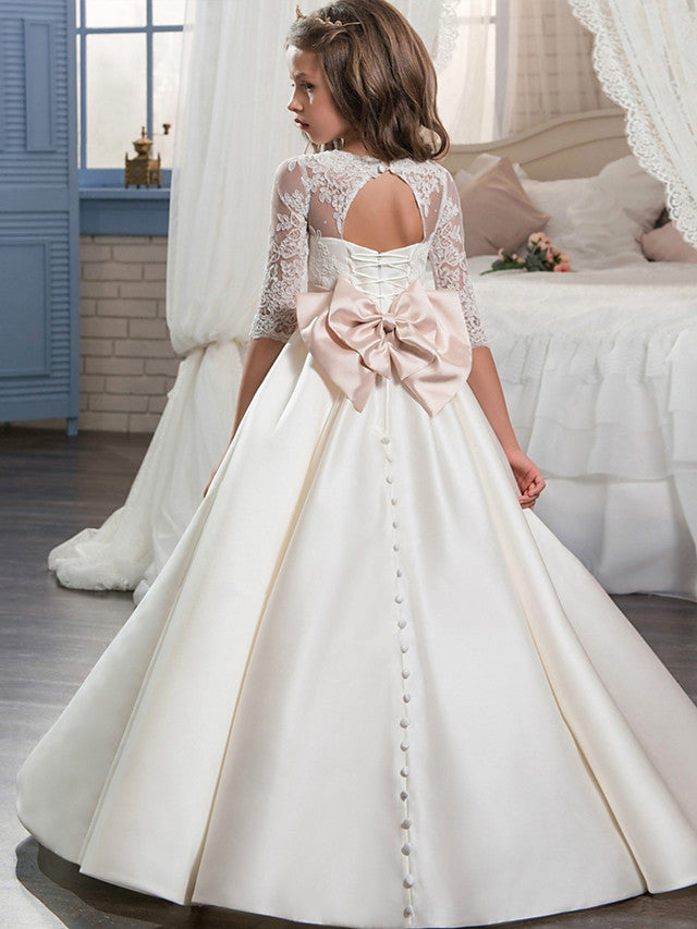 Vestido de gala de encaje y satén con cola de cepillo para bodas, cumpleaños, concursos de belleza y niñas de las flores, con mangas.