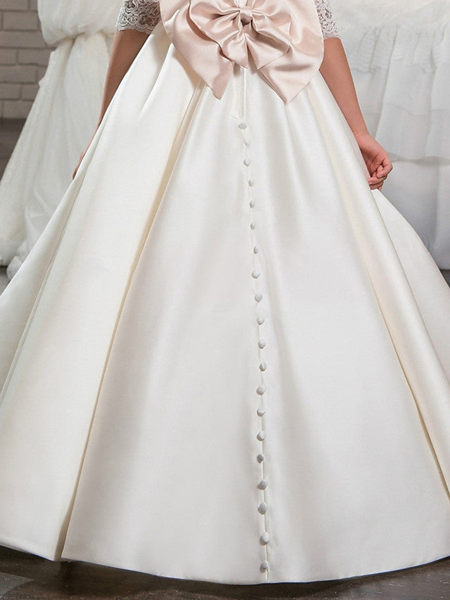 Vestido de gala de encaje y satén con cola de cepillo para bodas, cumpleaños, concursos de belleza y niñas de las flores, con mangas.