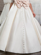 Vestido de gala de encaje y satén con cola de cepillo para bodas, cumpleaños, concursos de belleza y niñas de las flores, con mangas.