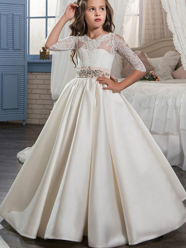 Vestido de gala de encaje y satén con cola de cepillo para bodas, cumpleaños, concursos de belleza y niñas de las flores, con mangas.