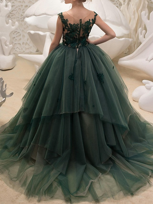 Vestidos de niña de las flores de gala, de encaje, sin mangas, con cuello joya, estilo princesa.