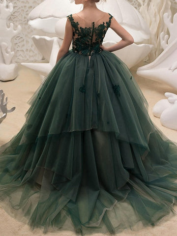 Vestidos de niña de las flores de gala, de encaje, sin mangas, con cuello joya, estilo princesa.