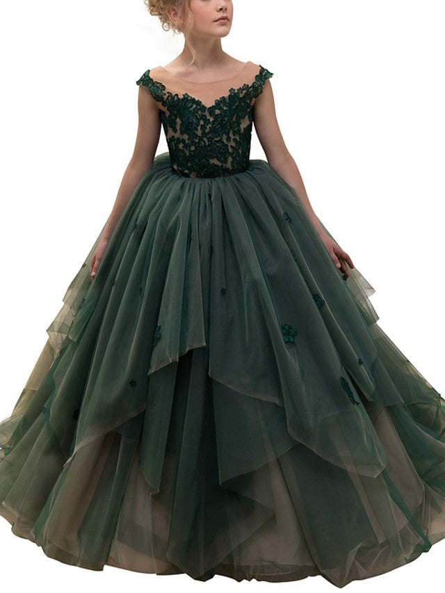 Vestidos de niña de las flores de gala, de encaje, sin mangas, con cuello joya, estilo princesa.