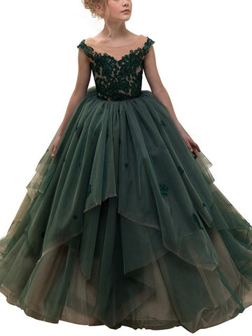 Vestidos de niña de las flores de gala, de encaje, sin mangas, con cuello joya, estilo princesa.