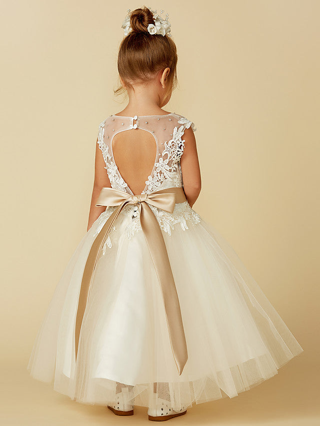 Vestido de gala de encaje y tul sin mangas con cuello joya para bodas, fiestas, concursos y damitas de honor.
