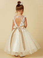 Vestido de gala de encaje y tul sin mangas con cuello joya para bodas, fiestas, concursos y damitas de honor.