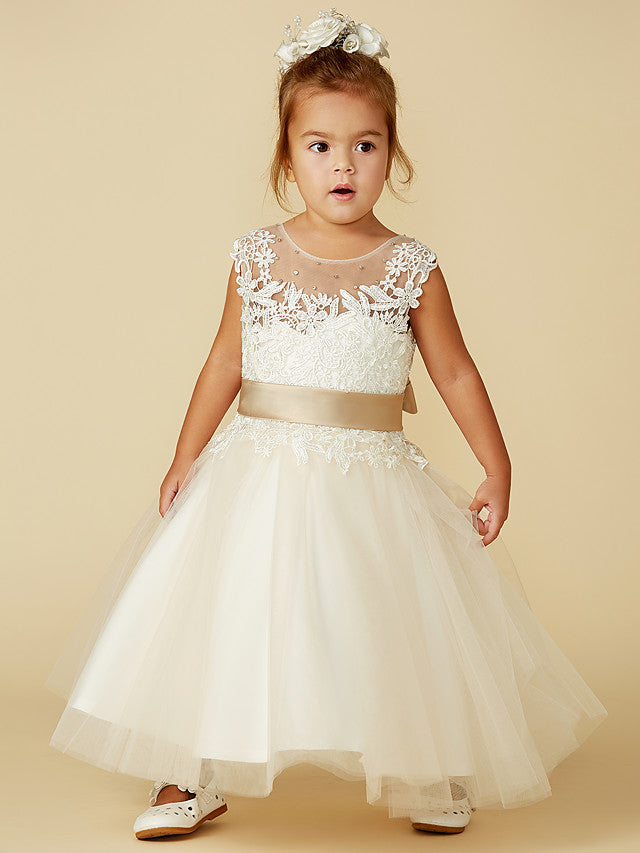 Vestido de gala de encaje y tul sin mangas con cuello joya para bodas, fiestas, concursos y damitas de honor.