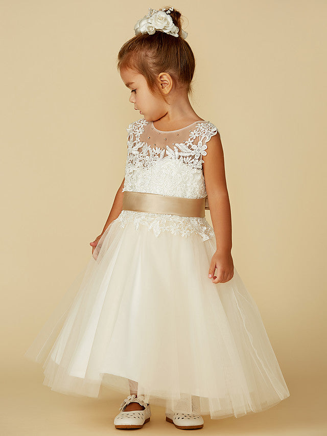 Vestido de gala de encaje y tul sin mangas con cuello joya para bodas, fiestas, concursos y damitas de honor.