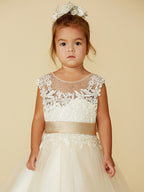 Vestido de gala de encaje y tul sin mangas con cuello joya para bodas, fiestas, concursos y damitas de honor.