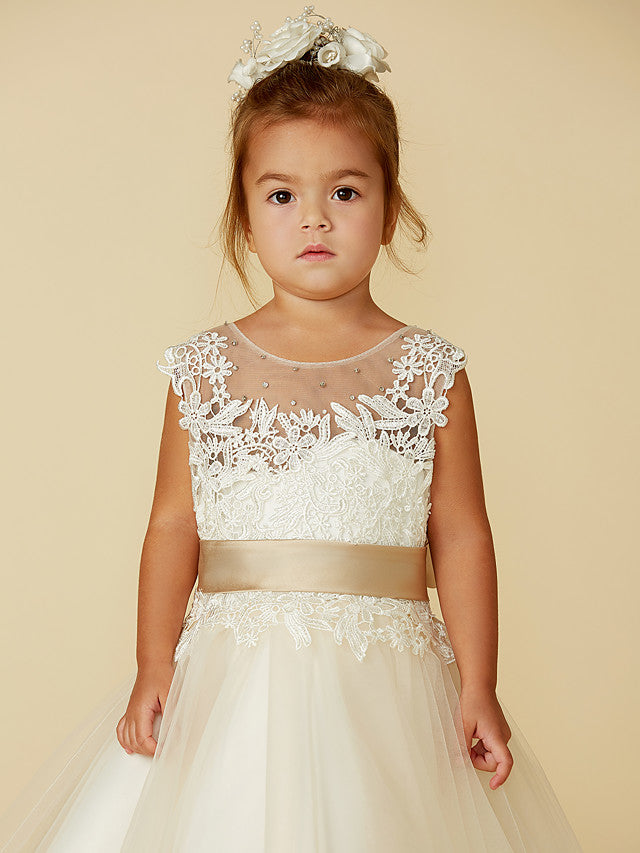 Vestido de gala de encaje y tul sin mangas con cuello joya para bodas, fiestas, concursos y damitas de honor.