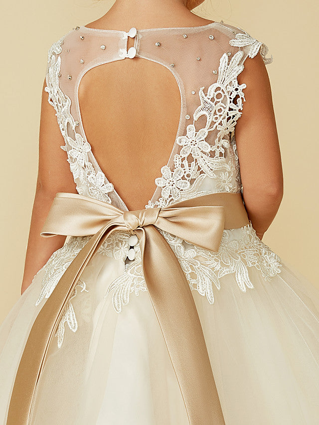 Vestido de gala de encaje y tul sin mangas con cuello joya para bodas, fiestas, concursos y damitas de honor.