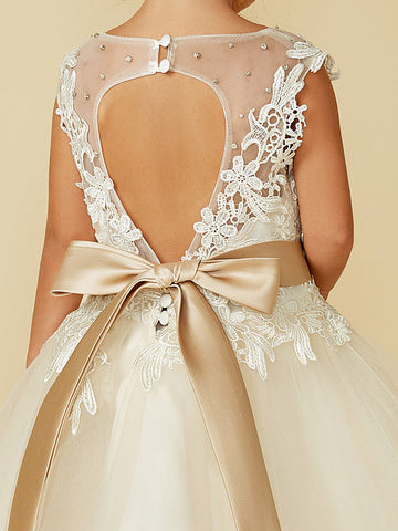 Vestido de gala de encaje y tul sin mangas con cuello joya para bodas, fiestas, concursos y damitas de honor.