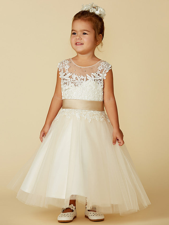 Vestido de gala de encaje y tul sin mangas con cuello joya para bodas, fiestas, concursos y damitas de honor.
