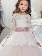 Vestido de baile de encaje y tul con cola de cepillo para bodas, cumpleaños, concursos de belleza y vestidos de niña de las flores con mangas