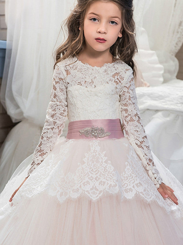 Vestido de baile de encaje y tul con cola de cepillo para bodas, cumpleaños, concursos de belleza y vestidos de niña de las flores con mangas