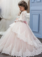 Vestido de baile de encaje y tul con cola de cepillo para bodas, cumpleaños, concursos de belleza y vestidos de niña de las flores con mangas