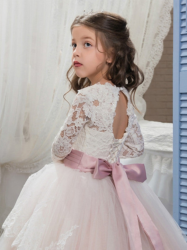 Vestido de baile de encaje y tul con cola de cepillo para bodas, cumpleaños, concursos de belleza y vestidos de niña de las flores con mangas