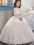 Vestido de baile de encaje y tul con cola de cepillo para bodas, cumpleaños, concursos de belleza y vestidos de niña de las flores con mangas