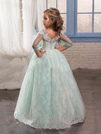 Vestido de baile de encaje y tul con cola de cepillo para bodas, fiestas y vestidos de niña de las flores con mangas