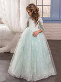 Vestido de baile de encaje y tul con cola de cepillo para bodas, fiestas y vestidos de niña de las flores con mangas