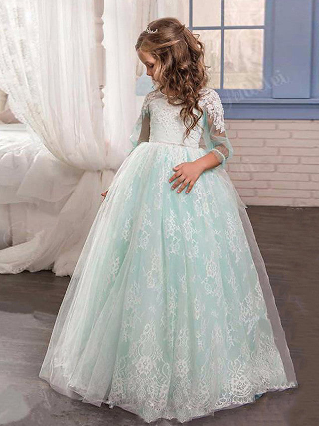 Vestido de baile de encaje y tul con cola de cepillo para bodas, fiestas y vestidos de niña de las flores con mangas