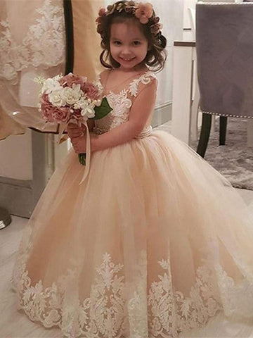 Vestidos de princesa de encaje y tul con cola de cepillo para bodas y damitas de honor