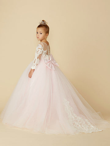 Ball Gown Lace Tulle Wedding Party Pageant Flower Girl Dresses with Sleeves