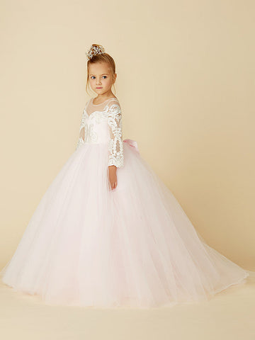 Ball Gown Lace Tulle Wedding Party Pageant Flower Girl Dresses with Sleeves