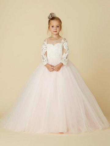 Ball Gown Lace Tulle Wedding Party Pageant Flower Girl Dresses with Sleeves