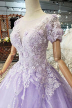 Vestido de gala lila de manga corta, vestido de fiesta, vestido de novia con encaje PM244