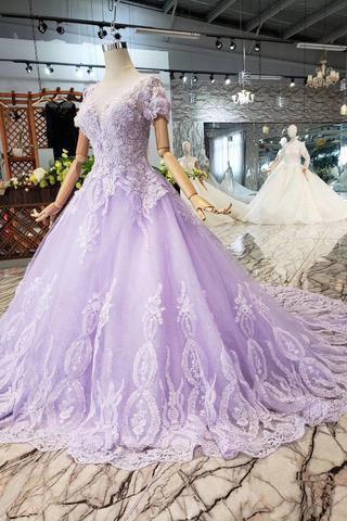 Vestido de gala lila de manga corta, vestido de fiesta, vestido de novia con encaje PM244