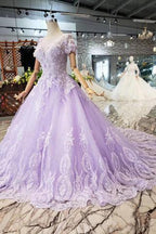 Vestido de gala lila de manga corta, vestido de fiesta, vestido de novia con encaje PM244