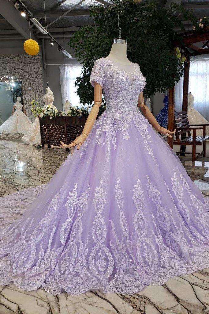 Vestido de gala lila de manga corta, vestido de fiesta, vestido de novia con encaje PM244