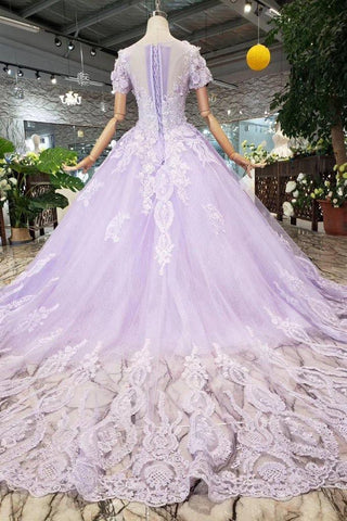 Vestido de gala lila de manga corta, vestido de fiesta, vestido de novia con encaje PM244