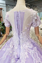 Vestido de gala lila de manga corta, vestido de fiesta, vestido de novia con encaje PM244